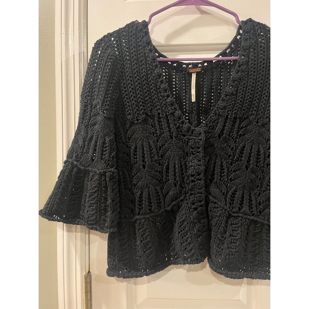 Free People Black Crochet Knit Cardigan Bell Sleeve Peplum Snap Front Boho S